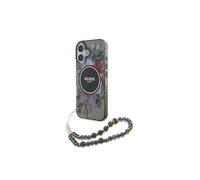 Guess Case Suitable for iPhone 16 Case With Cord - GUESS MagSafe IML Case Flowers with beads strap - black
