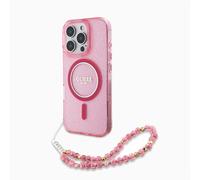 GUESS CG Mobile Phone Case Designed for iPhone 16 Pro, Durable, Shock Proof, Compatible with Magsafe, IML Glitter with Pearl Strap Case Pink