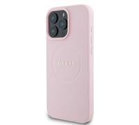 GUESS CG Mobile Phone Case Designed for iPhone 16 Pro Max, Durable, Shockproof, Compatible with Magsafe, PU Grained Gold Ring Case, Pink