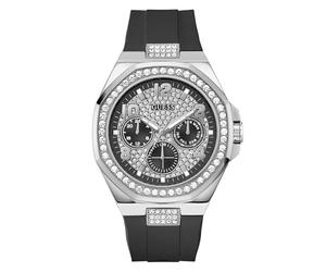 Guess Empire GW1002G1 Men's Quartz Analogue Stainless Steel Watch 46 mm Silicone Strap Silver 5 Bar Black Dial Date Display