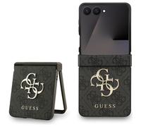Guess Galaxy Z Flip7 Case Pattern Faux Leather Gray Big Logo Gold
