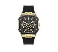 Guess Gents Gold Tone Watch with Black & Dial and Black Silicone Strap, Multi, Men Print