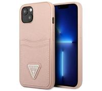 Guess GUHCP13SPSATPP Hard Case for iPhone 13 Mini 5.4 Inches Pink with Saffiano Triangle Logo Card Slot