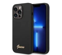 Guess GUHCP14LSLSMK Hard Case for iPhone 14 Pro 6.1 Inch Black/Black Silicone Vintage Gold Logo