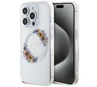 Guess GUHMP15LHFWFCT Mobile Phone Case for iPhone 15 Pro 6.1 Inch Transparent Hard Case IML Flowers Wreatch