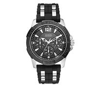 GUESS Iconic Blue Stainless Steel Stain Resistant Silicone Watch with Day, Black/Silver Tone/Black, Oasis