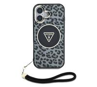 GUESS IML iPhone 16 Case, Leopard Pattern with Triangle Strap Compatible with MagSafe | Black