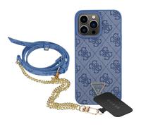 Guess iPhone 15 Pro Case with 4G Pattern and Triangular Metal Logo, Blue