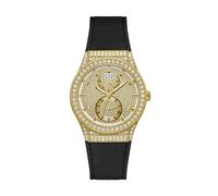GUESS Ladies 39mm Watch - Black Strap Gold Dial Gold Tone Case
