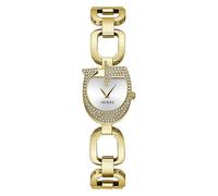 Guess Ladies Gold Logo Case with Crystals - Sunray Silver Dial Bracelet Watch Gold