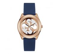 Guess Ladies Rose Gold Watch White Logo Dial And Blue Silicone