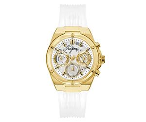 GUESS Ladies Sport Clear Multifunction 39mm Watch - Transparent Dial Gold-Tone Stainless Steel Case with White Transparent Polycarbonate Strap