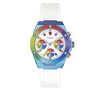 GUESS Ladies Sport Clear Multifunction 39mm Watch - Transparent Dial Rose Gold-Tone Stainless Steel Case with Pink Transparent Polycarbonate Strap, White/Rainbow/White, Athena