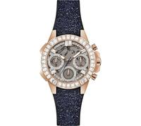 GUESS Ladies Sport Multifunction Baguette Crystal 36mm Watch - Rose Gold-Tone Stainless Steel Case Clear Dial with Glittered Navy Leather & Silicone Strap