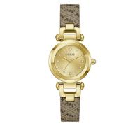 Guess Ladies Watch GW1021L2 30mm Stainless Steel Gold Dial Stone Set Quartz Mineral Glass Hardened 3ATM Brown Leather Strap