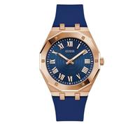 GUESS Men's 42mm Watch - Blue Strap and Dial, Rose Gold Tone Case, Classic