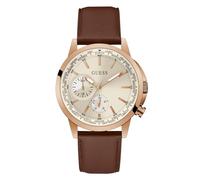 GUESS Men's 44mm Watch, Brown/Rose Gold Tone/White, One Size, Brown Leather Multifunction Watch