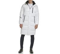 GUESS Men's Full Length Mid-Weight Puffer Jacket with Removable Hood, White, S