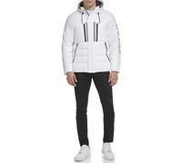 GUESS Men's Mid-Weight Puffer Jacket with Logo Sleeve, White, M