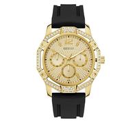 Guess Men's Regal Watch with Date Display, Cubic Zirconia, Black Silicone Strap, Mineral Glass, Gold Dial, 3 Bar, Case Diameter: 46 mm, GW0954G2