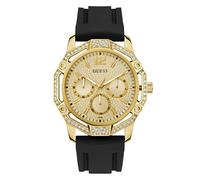 Guess Men's Regal Watch with Date Display, Cubic Zirconia, Black Silicone Strap, Mineral Glass, Gold Dial, 3 Bar, Case Diameter: 46 mm, GW0954G2