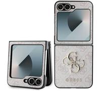 Phone Case Galaxy Z Flip 6 Guess Faux Leather Pink Pattern Big Logo Gold