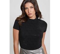 Guess Short Sleeve Mock Neck All Over 4G T-Shirt, Black, Size L, Women Black