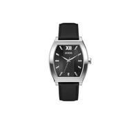 GUESS Silver-Tone and Black Leather Analog Watch, Silver, one, Modern