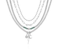 GUESS Silvertone Crystal Stone Celestial Charm Layered Statement Necklace, One Size, Metal, glass stone