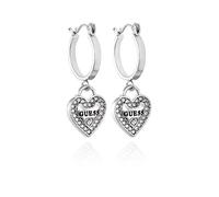 GUESS Silvertone Logo Heart Dangle Charm Hoop Earrings, One Size, Metal, No Gemstone