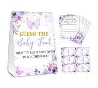Guess the Baby Food Party Games, Baby Shower Game Set, 1 Standing Sign + 25 Answer Cards + 6 Number Cards, Purple Butterfly Gender Reveal Party Decorations Supplies -A02