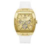 GUESS US Men's Gold-Tone and White Rectangular Multifunction Watch, one, White/Gold-Tone, One Size