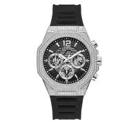 GUESS US Men's Silver-Tone and Black Silicone Multifunction Watch