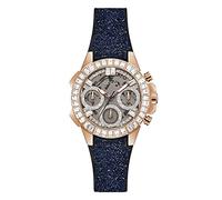 GUESS Ladies Sport Multifunction Baguette Crystal 36mm Watch - Rose Gold-Tone Stainless Steel Case Clear Dial with Glittered Navy Leather & Silicone Strap