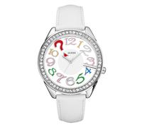 GUESS WHITE LEATHER,CRYSTALS,MULTI COLOR CLEARLY QUIZ CLEAR DIAL WATCH-U11066L1