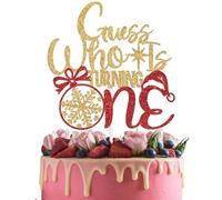 Guess Who is Turning One Cake Topper, My 1st Christmas Decorations, Xmas Elf Baby Shower Decor, Christmas Baby First Birthday Party Decorations Gold & Red Glitter