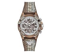 GUESS Women's Round Silver Dial Analogue Watch Brown Silicone Strap with Buckle Clasp