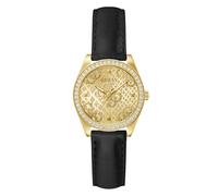 Guess Women's BOA Watch with Cubic Zirconia, Black Leather Strap, Mineral Glass, Gold Dial, 3 Bar, Case Diameter: 32 mm, GW0989L2