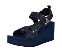 GUESS Women's Dawsin Wedge Sandal, Black Denim Rhinestone Logo 400, 9 UK