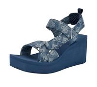 GUESS Women's Daysa Wedge Sandal, Medium Blue Denim Logo 421, 9