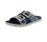 GUESS Women's Funzy Flat Sandal, Medium Blue Denim Patchwork 420, 2 UK