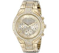 GUESS Women's Gold-Tone Stainless Steel Crystal Embellished Bracelet Watch with Day, Date + 24 Hour Military/Int'l Time. Color: Gold-Tone (Model: U0628L2)