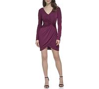 GUESS Women's Knot Detail Fitted Long Sleeve V-Neck Dress, Plum, 8