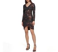 GUESS Women's Long Sleeve Sheath Dress, Blk/Bronze, 6