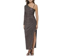 GUESS Women's One Sleeve High Slit Striped Foil Knit Dress, Black/Bronze, 6