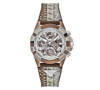 GUESS Women's Round Silver Dial Analogue Watch Brown Silicone Strap with Buckle Clasp