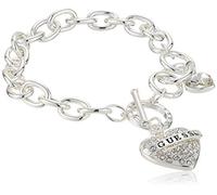 GUESS Women's Silvertone Chain Toggle Dangle Heart Charm Bracelet, One Size, Glass