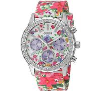 GUESS Women's U0903L1 Sporty Silver-Tone Watch with Floral Print Dial , Crystal-Accented Bezel and Nylon Band