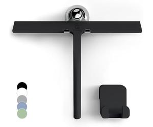 GÜTEWERK Silicone Shower Squeegee, 2-in-1 No-Drill Mount, Black, 28 cm | Streak-Free & No-Squeak Window Cleaning, Stainless Steel Core, Hook/Suction/Adhesive, Squeegee for Glass Doors & Mirrors