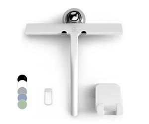 GÜTEWERK Silicone Shower Squeegee, 3-in-1 No-Drill Mount, White, 23 cm | Streak-Free & No-Squeak Window Cleaning, Stainless Steel Core, Hook/Suction/Adhesive, Squeegee for Glass Doors & Mirrors